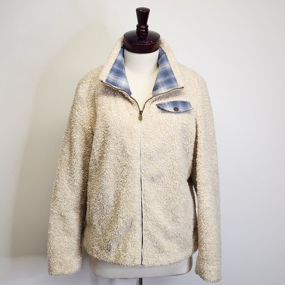 Pendleton Hi-Pile Fuzzy Sherpa Full Zip Fleece Jacket Ivory, Plaid Trim Women XL - Picture 2 of 12